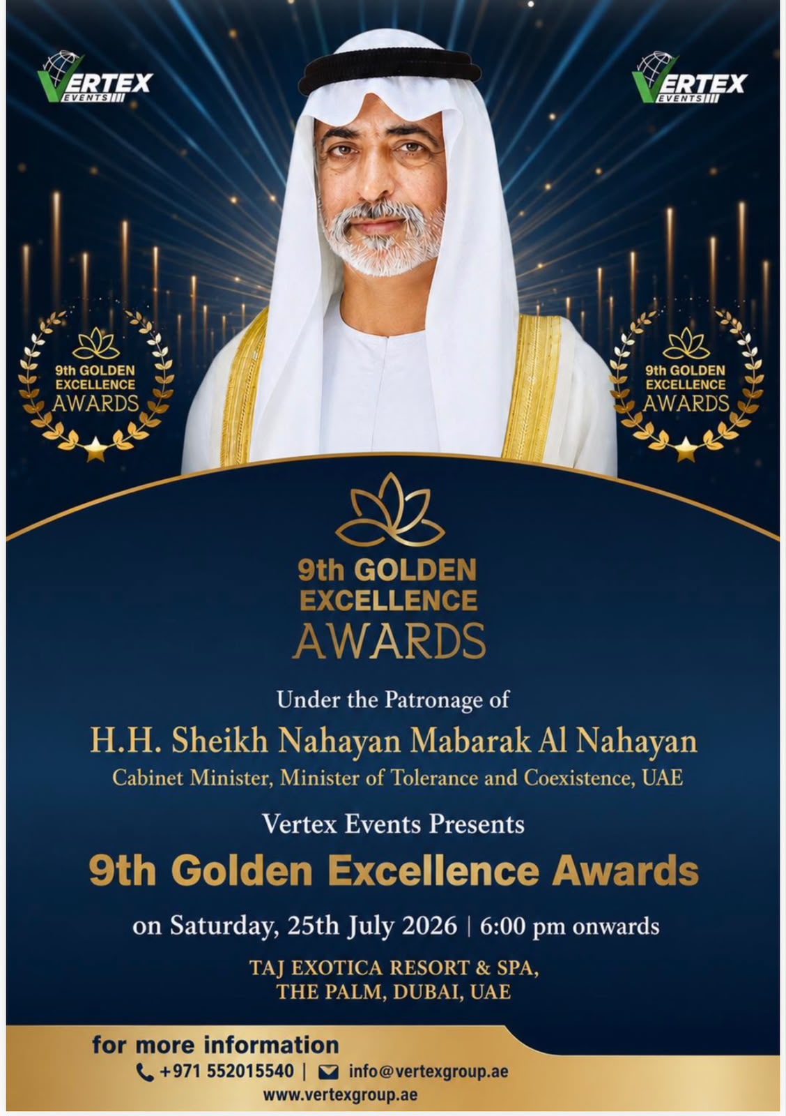 9th Golden Excellence Awards official poster, under the patronage of H.H. Sheikh Nahayan Mabarak Al Nahayan